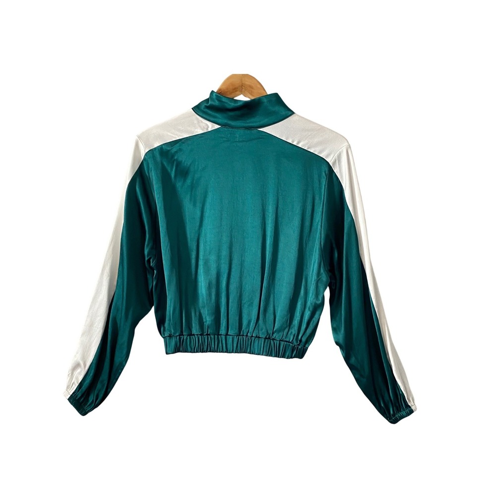 Zara Women Teal Green Satin Cropped Track Jacket Zip Up White Stripe Size Medium - Picture 2 of 5